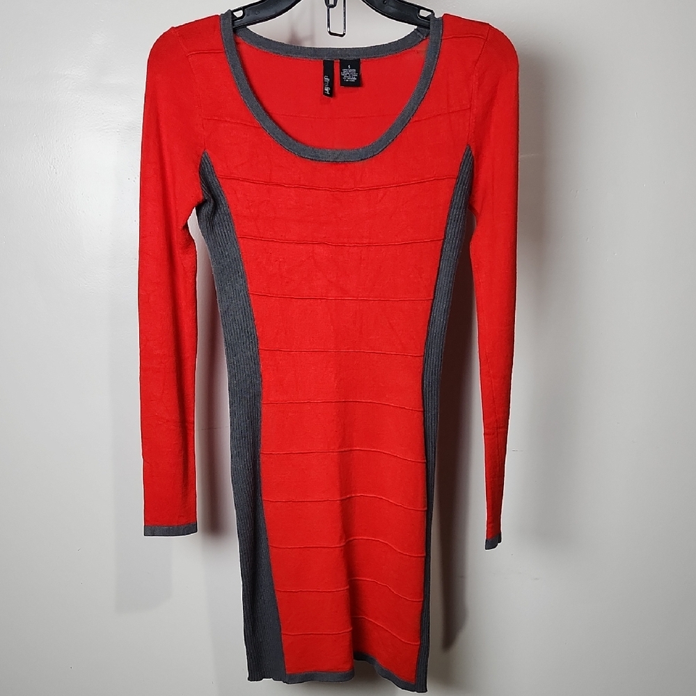 Ultra Flirt Vibrant Red and Charcoal Long Sleeve Dress